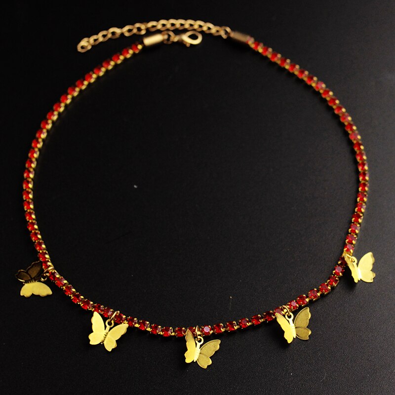 Gargantilla de diamantes de imitación de cinco mariposas para mujer, collar de cadena gótico de Hip Hop, joyería para , collar de Gargantilla con colgantes: red