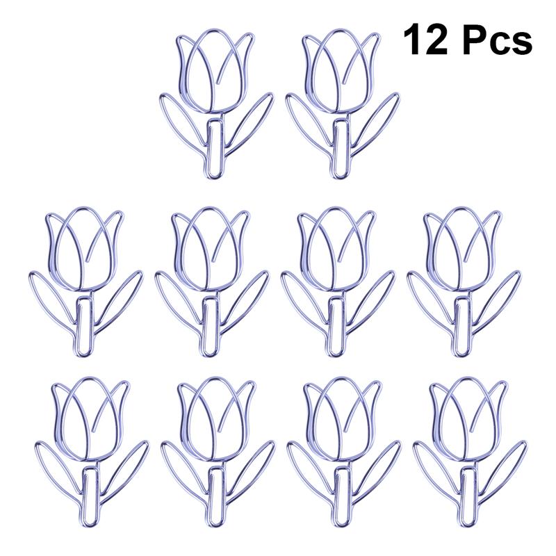12pcs Cartoon Paper Clips Purple Tulip Shape Paper Clips Paper Pins Bookmark Clamps Paper Clamps (Purple)
