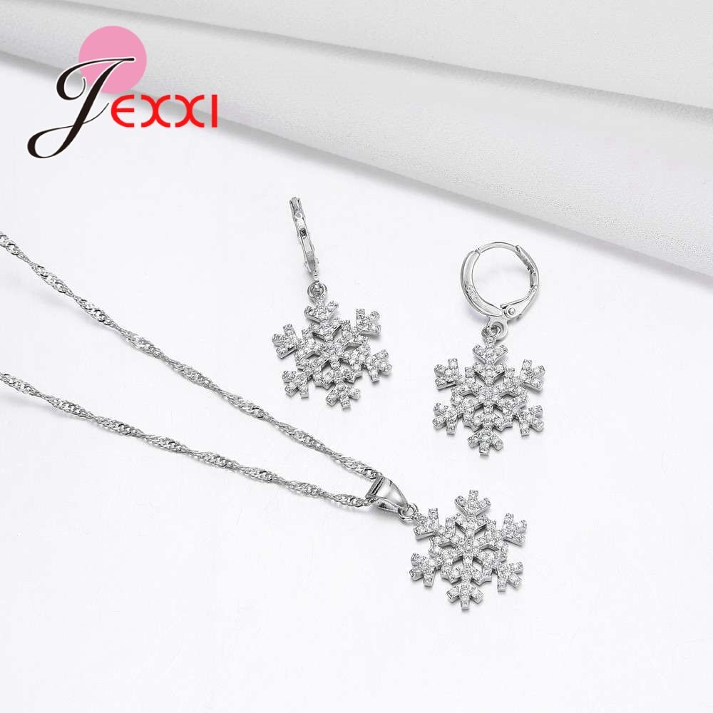 Echt 925 Sterling Zilveren Sieraden Sets Voor Vrouwen Sneeuwvlok Hanger Ketting Oorbellen Aaa Zircon Stone Wedding Party