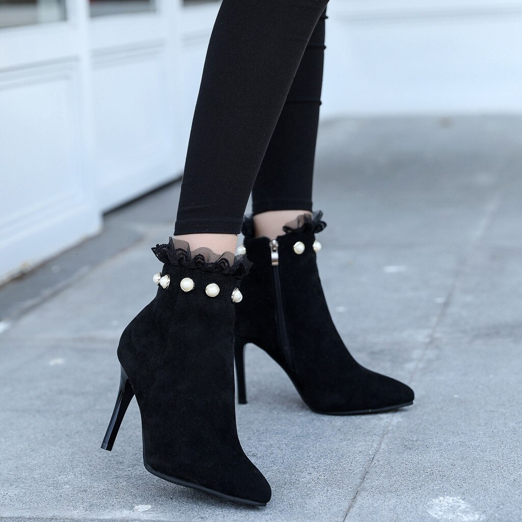 Botas elegantes de encaje para Mujer, Botines de tacón de lujo, aterciopelados, cortas, de , con perlas y punta estrecha, color negro,