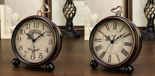 Small Retro Desk Clock Silent Metal Alarm Clock Bedroom Desktop Clock Roman Numerals Relogio Mesa Wrought Clocks AC50TC: Style3-2pcs