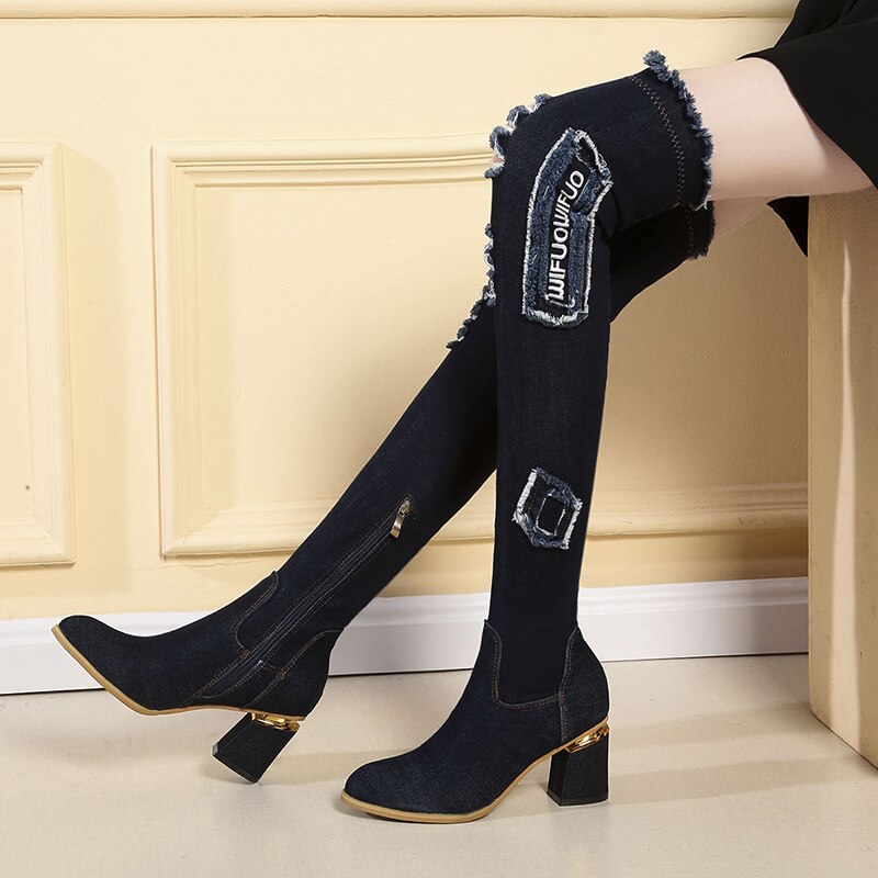 Lucyever Womens Denim Laarzen Over De Knie Wees Teen Dikke Hoge Hakken Schoenen Vrouw Casual Kwastje Uitgesneden Jeans Lange botas Mujer