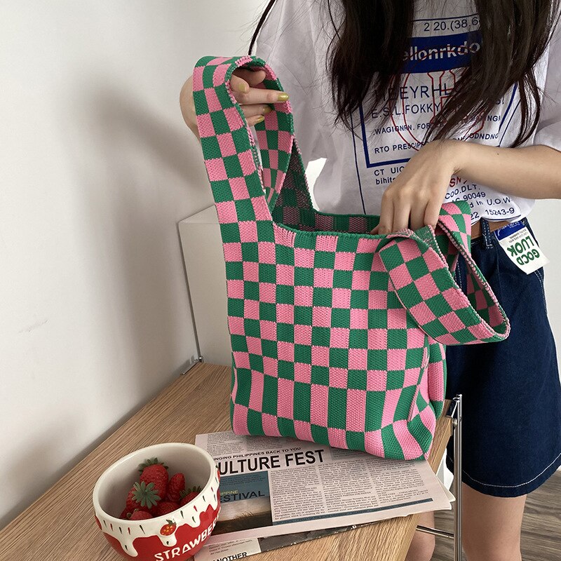 Borsa a tracolla da donna con motivo a quadri borsa da donna a maglia grande Tote Eco borse da Shopping borse da viaggio per studentesse