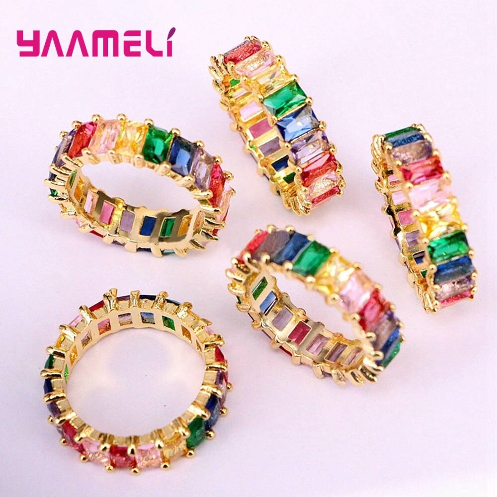 Gute Regenbogen Farbe Baguette CZ Kristall Zirkonia Finger Ringe Für Frauen Luxus 925 Sterling Silber Goldene Schmuck