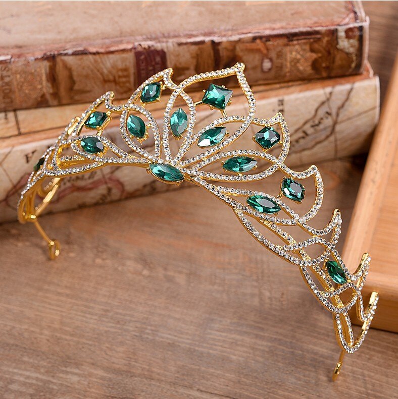 Women girls European Green Crystal Tiaras Vintage Rhinestone Pageant Crown Baroque Bridal Wedding Hair Jewelry Accessories