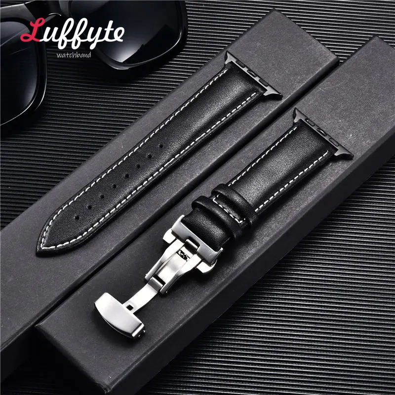 Bracelet de montre en cuir pour Apple Watch Ultra 9 8 7 6 5 4 3 avec fermoir papillon pour Iwatch 38mm 40mm 41mm 42mm 44mm 45mm 49mm bracelets: White black / 14mm
