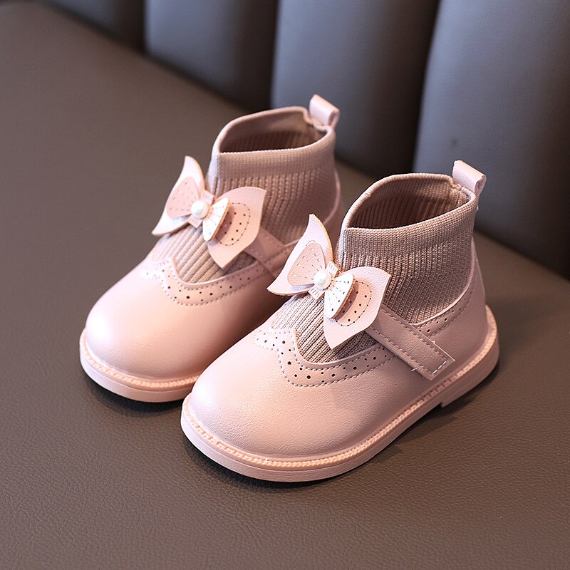 Hiver infantile enfant en bas âge bottes de neige bébé filles bottes décontractées fond mou noeud papillon princesse tricoté bottes enfants enfants chaussures de plein air: Rose / (Insole 13.5cm)