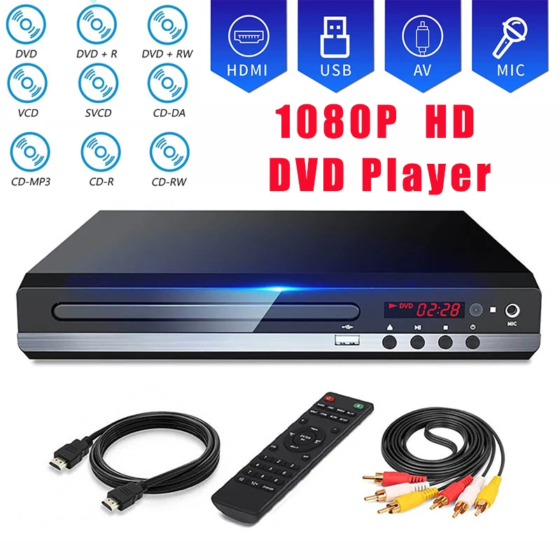 Full HD DVD-Player 1080P High Definition CD/EVD/VCD-Player mit AV- und HDMI-Ausgang Mikrofon USB für Home TV KTV Party