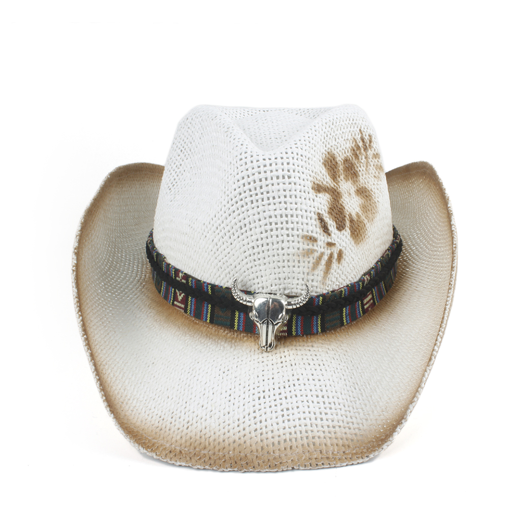 Sombrero de paja ahuecado para mujer, Sombrero de paja ahuecado, estilo bohemio, hecho a mano, estilo Cowboy del Oeste, Jazz, talla 56-58CM