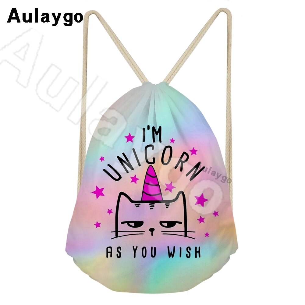 Aulaygo 3d unisex eenvoudige duurzame zwarte rugzak schattige witte kattenprint schoudertas kinderreisschoenen touwtassen rugzakken: Goud