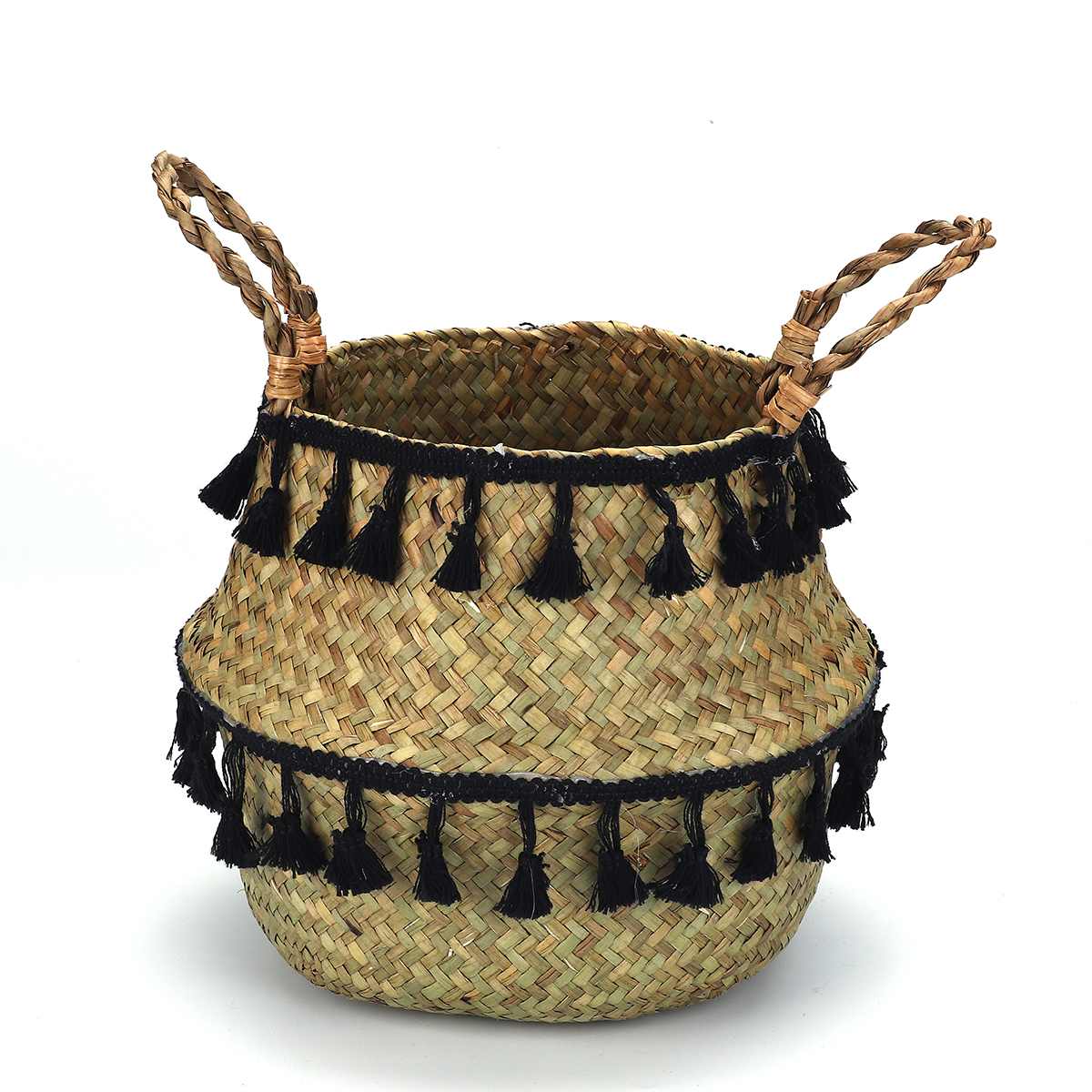 Panier de rangement pliable en osier avec pompon | Pot de fleurs naturel tissé à la maison, panier à linge: Black / XL 32x28cm