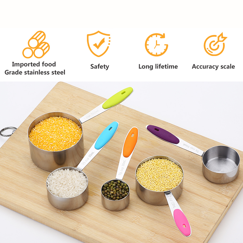 Cuchara con escala de medición de acero inoxidable, juego de tazas y cucharas medidoras de silicona para cocina, utensilios de medición de café y azúcar para hornear