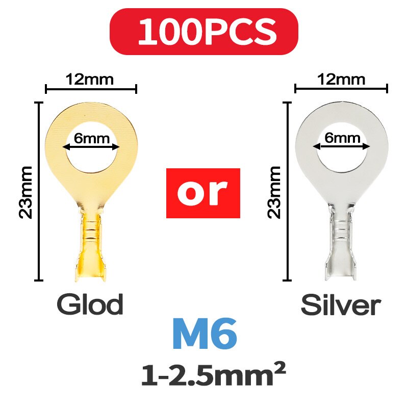 100PCS/lot M3 M4 M5 M6 M8 M10 Ring Lugs Terminals Gold Brass/Silver Non-insulated Crimp Termin Electrical Wire Connectors: M6 - 100PCS / Gold