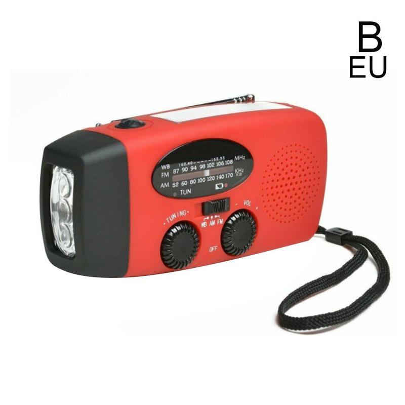 Outdoor Hand Radio Solar Crank Dynamo Self Powered AM/FM/NOAA Weather Radio Emergency Radio With LED Flashlight: Red EU