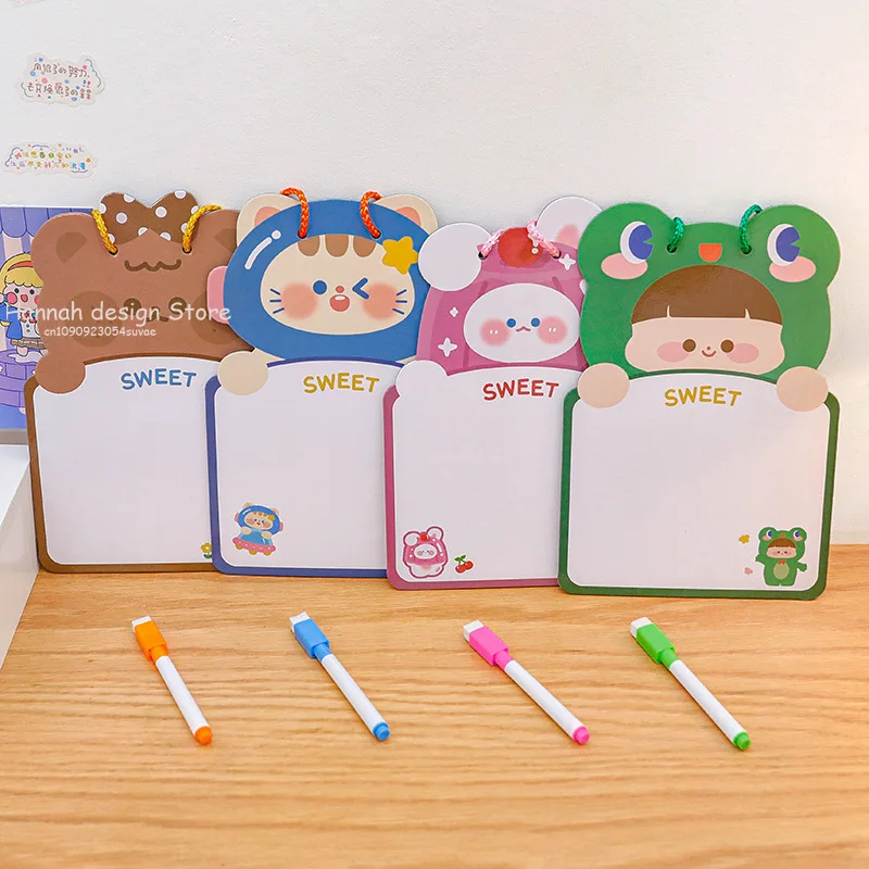 Planche à dessin effaçable double face avec stylo pour enfants, carton de dessin animé, essuie-glace sec, tableau blanc animal