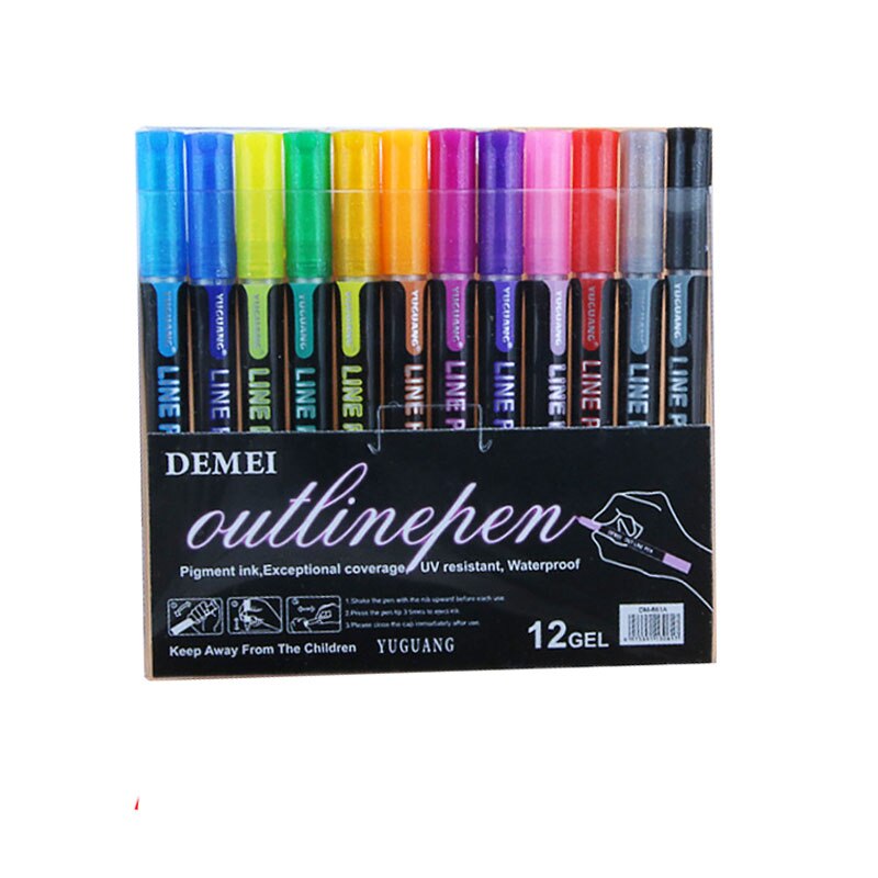 Dobbel linje kontur penner , 2 farger selvkontur metalliske markører glitter skrive tegning doodle blendende penn for bursdagshilsen: 1 sett 12 farger