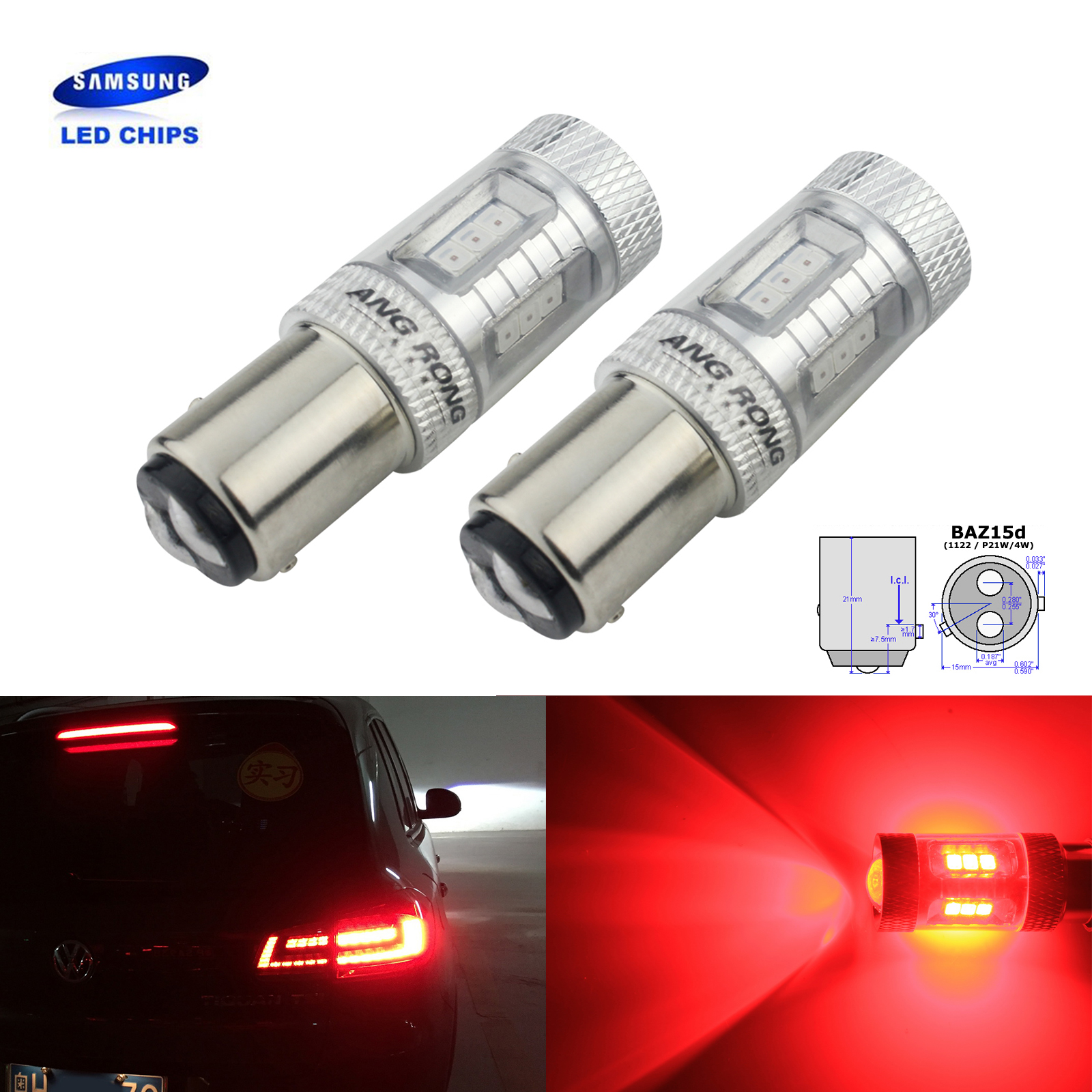 ANGRONG 2x 566 P21/4W 1122 BAZ15d 15W LED ampoules de feu stop arrière d'arrêt latéral rouge