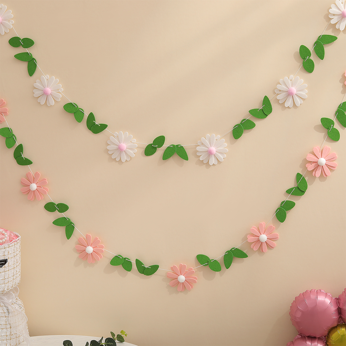 Felt Feestdecoratie - Margriet Hangers, Bontballen, Groene Bladeren - Verjaardag Banner