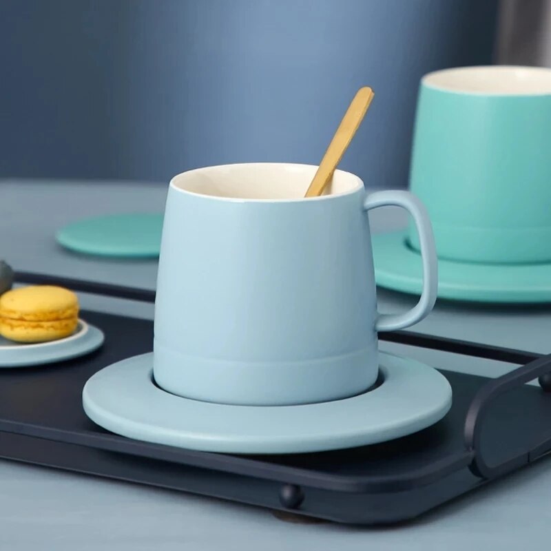 Taza nórdica con tapa y cuchara para mujer, Taza de cerámica creativa para oficina, sencilla, taza de café de gran capacidad de 375ml, taza de agua para el hogar