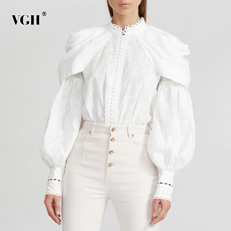 VGH-camisa con bordado blanco para mujer, blusa informal de manga farol con cuello levantado, Ropa nueva de para otoño