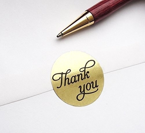 1 Inch Round Gold Foil Thank You Sticker Labels In Script/Calligraphy Print, 500 Labels Per Roll