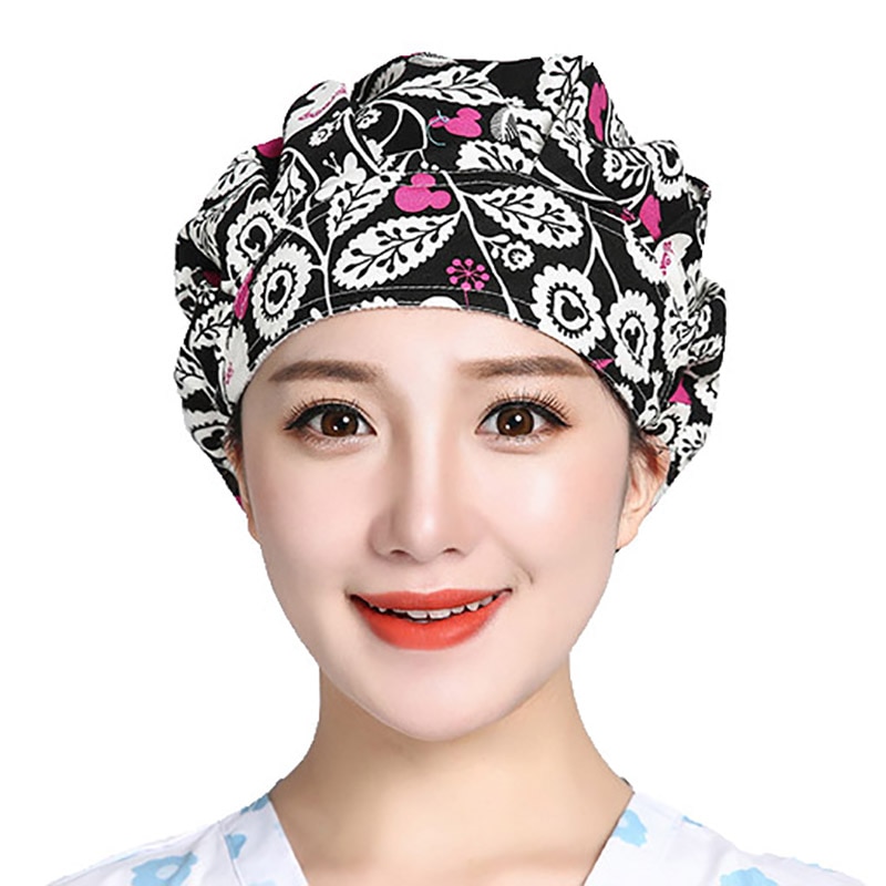 Scrubs Caps Verstelbare Head Cover Bouffant Hoeden Sombrero Mujer Cartoon Bloem Gedrukt Katoen Caps Wasbare Werkkleding Hoeden