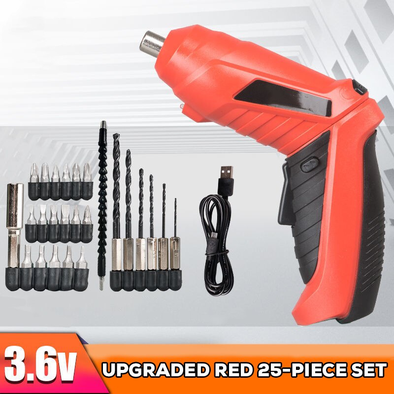 Electric Screwdriver 3.6V Portable USB Charging Cordless Battery Screwdriver Power Drill Bit Screw Driver Kit Hand Repair Tools: Red-25