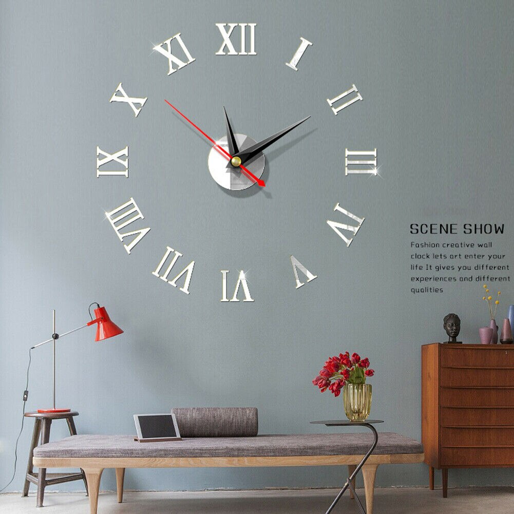 Luxo 3d diy relógio de parede numeral romano espelho adesivo casa sala arte quente novo romanesque relógio de parede adesivos decoração da parede: Prata