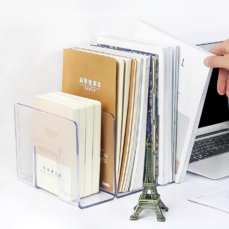 Sujetalibros de acrílico transparente, soporte de almacenamiento para revistas de plástico, estante para libros, organizador escolar, accesorios de mesa de oficina