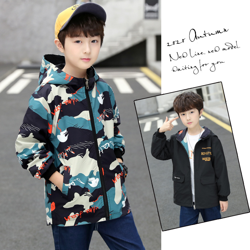Kids Jongens Dubbelzijdig Slijtage Camouflage Capuchon Revers Lente/Herfst Grote Maagd Casual Jas 4-12 jaar Oud