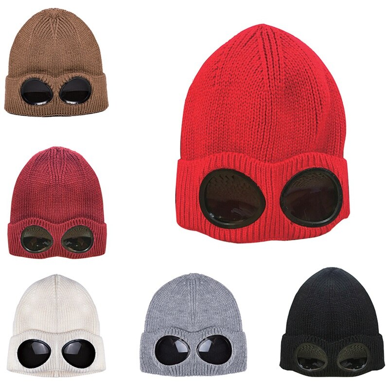 Glasses Hat Unisex Wool Knitted Goggles Beanie Thermal Fluffy Warm Cap Heat Keeper Ear Protector Men Women Hat Cap