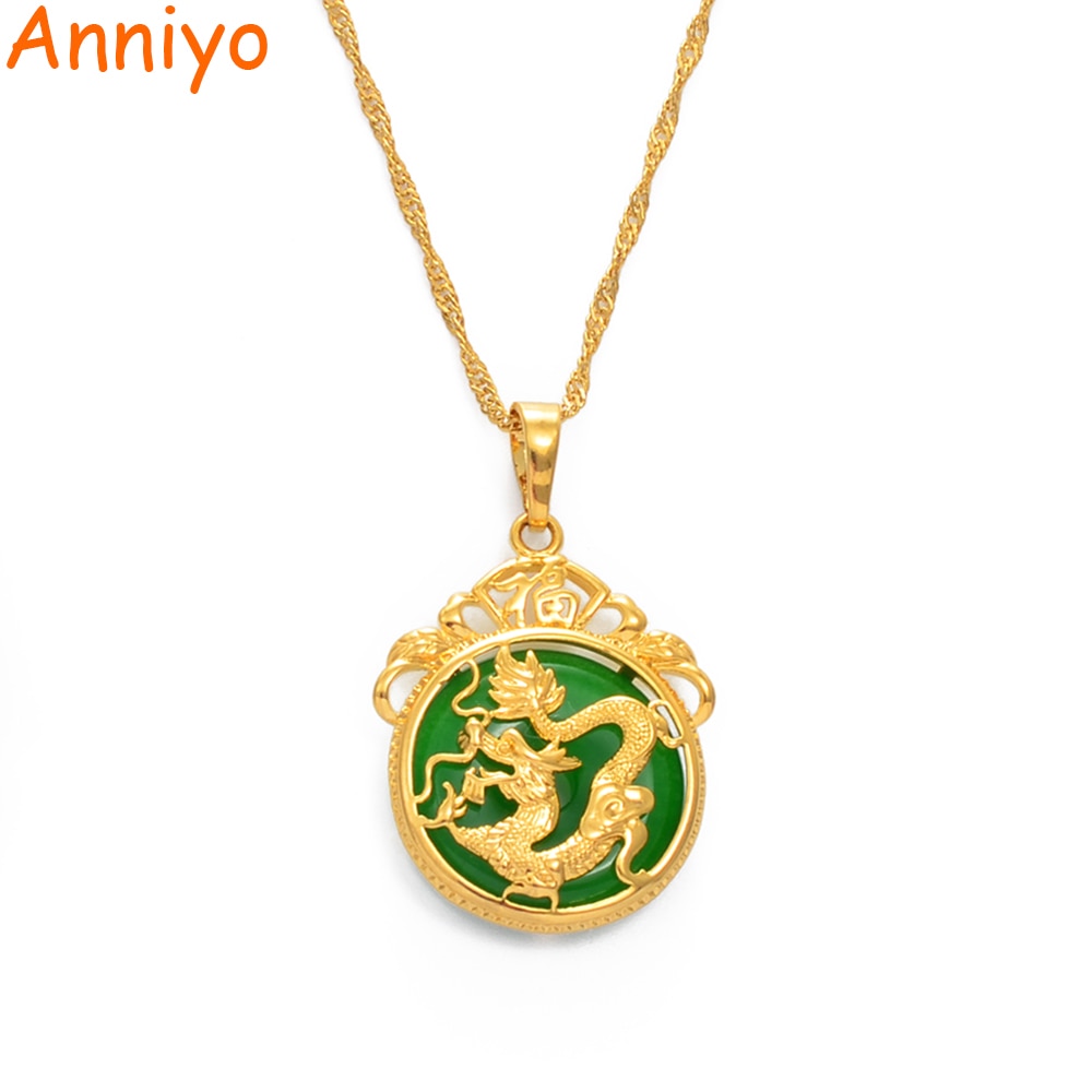 Anniyo Grün Stein Drachen Anhänger Halsketten Frauen Amulett Chinesische Kultur Stil Elemente Halskette Schmuck Neue Stil #072204