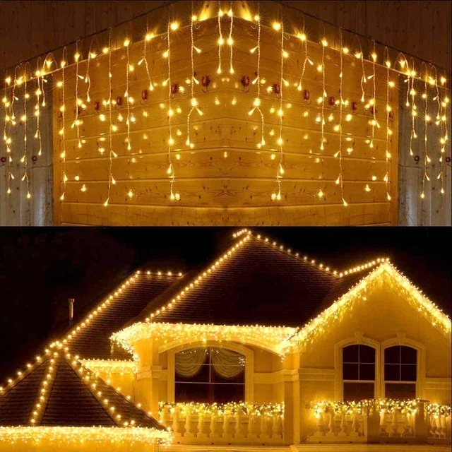 Guirnalda navideña, cortina LED, luces de carámbanos, adorno de luz LED, cadena de luces de cascada, decoración de aleros de calle y jardín al aire libre: Azul / 6-10 W