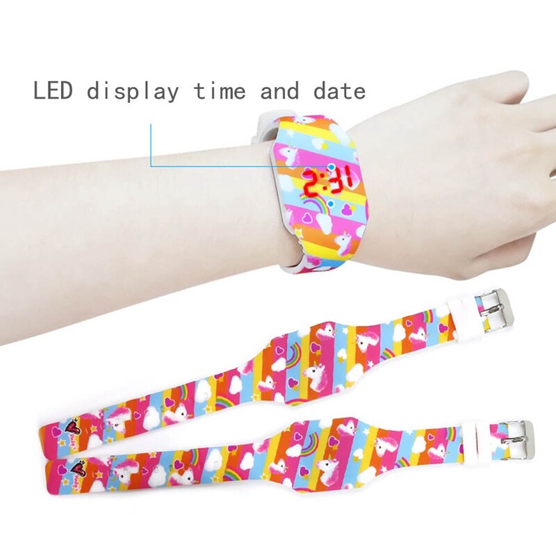Børn drenge piger enhjørning print blød gummi digitale led ure børn studerende regnbue lysende ure