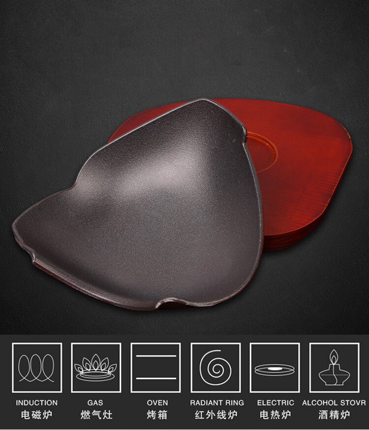 Cast Iron Roasting Steak Pan Non Stick Roast Enamel Fried Pot Plate Frying Pan With Wooden Base Holder Home Cookware Irregular