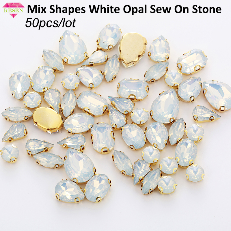 Resen 50Pcs Mix Vormen Hars Naaien Op Stenen Met Goud Bodem Claw Set White Opal Rhinestones Diy Kleding Accessoires