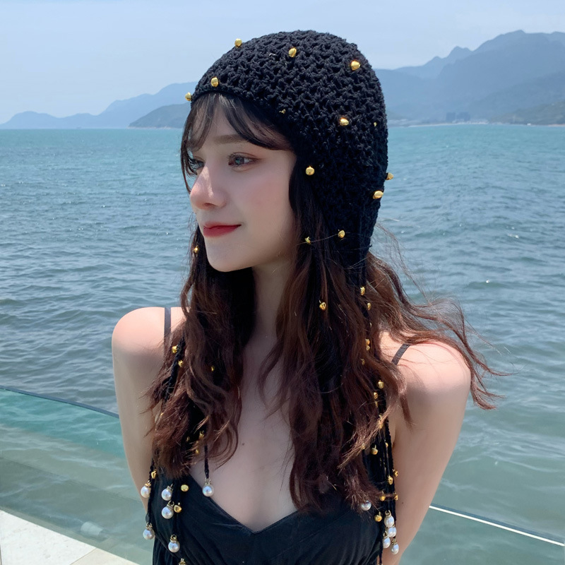 Gorro de punto de para mujer, gorro de ganchillo con perlas, Vintage, con borlas, para todas las estaciones, ZZ-386