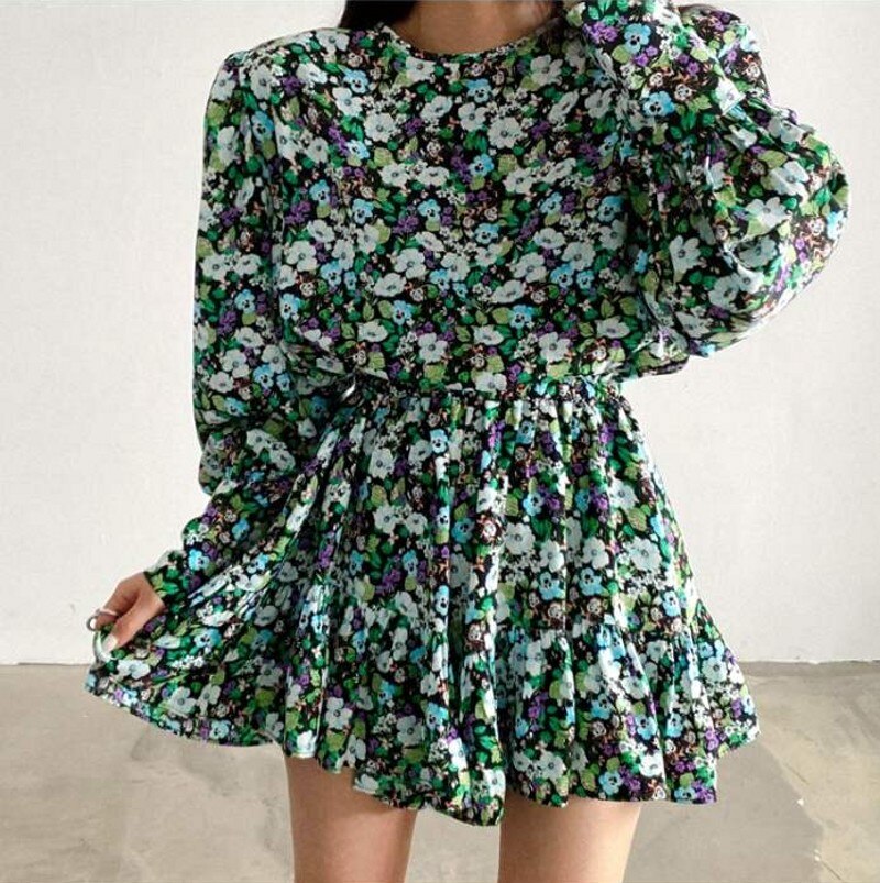 Groene chiffon bloemenprint dames rompertjes met ronde hals en lantaarnmouwen zomer casual strand korte jumpsuits