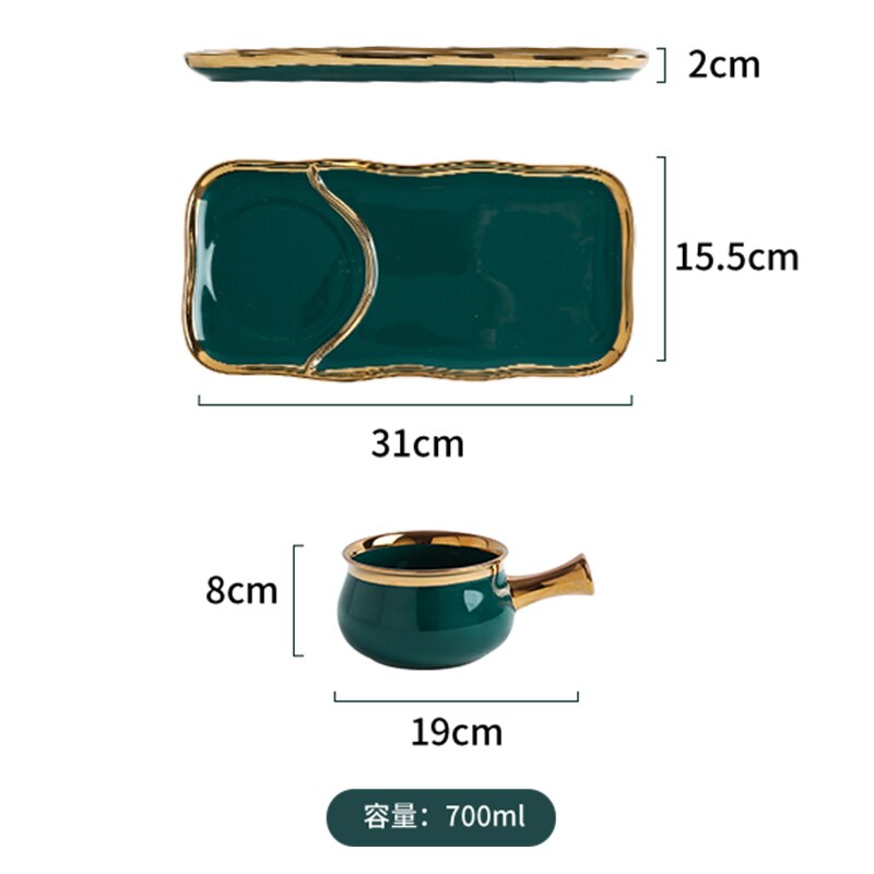Ceramic Tableware Set Light Luxury Handle Bowl Breakfast Tableware Sushi Plate Dining Table Decoration Service Tray: H