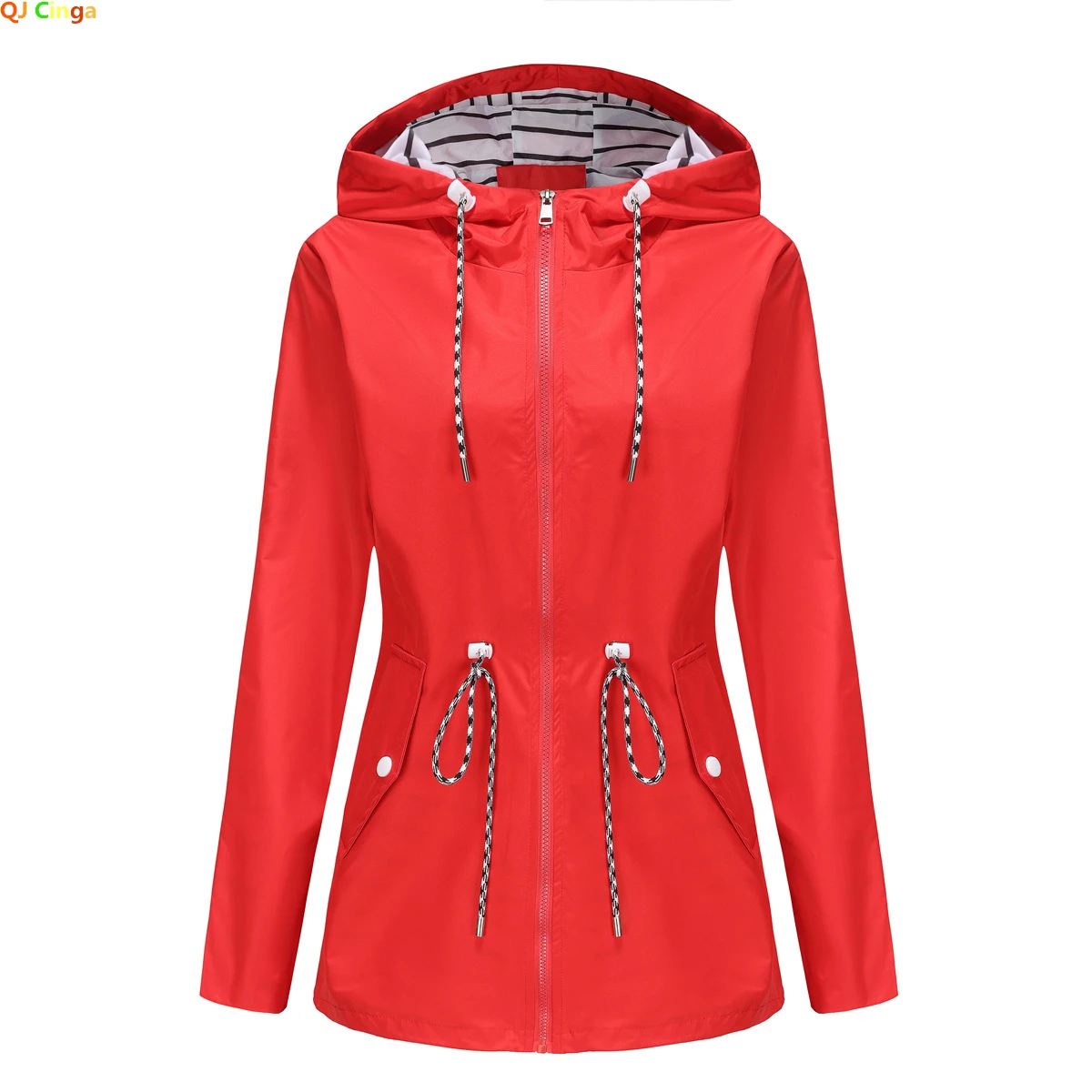 Blue Waterproof Hooded Jacket Women Casual Coat Waist Drawstring Tie Zipper Switch Red Green Yellow Black Windbreaker