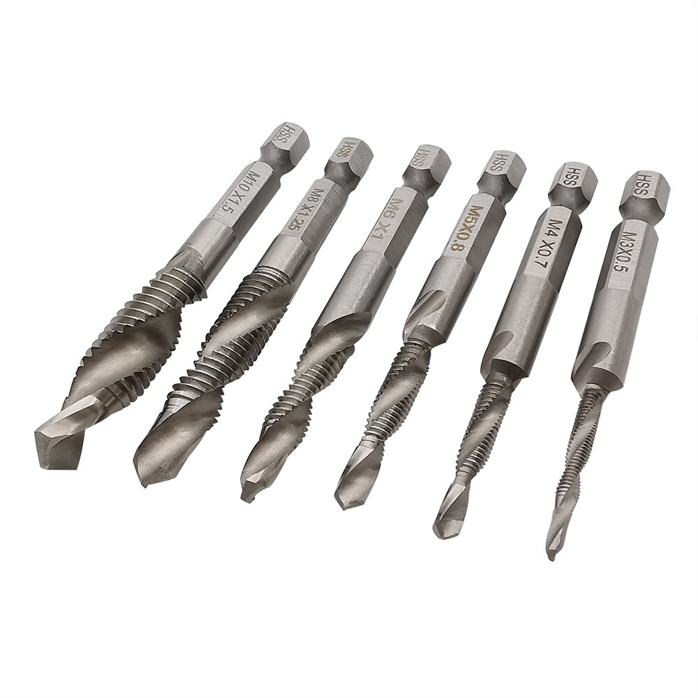 6Pcs Metric Tap Drill Bit Hex Shank Titanium Plated HSS Screw Thread Screw Composite Taps Drill Drilling Tool M3 M4 M5 M6 M8 M10