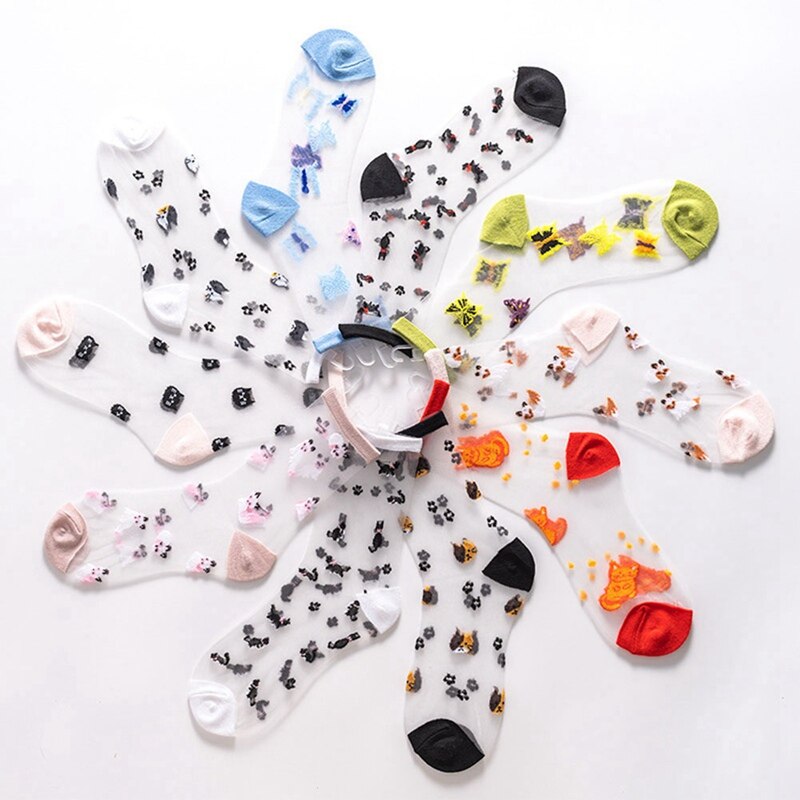 Spring Summer Tube Cotton Socks Breathable Casual Sports Socks Cartoon Animal Transparent Crystal Socks Card Silk Ladies Socks