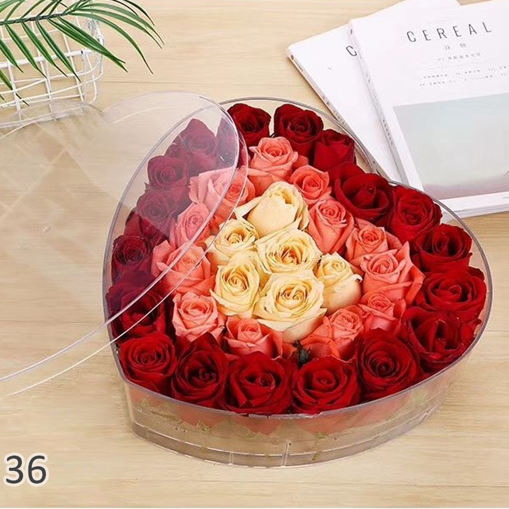 Heart Clear Acrylic Eternal Flower Boxes +Lid Transparent Rose Flower Packaging Florist Makeup Organizer Valentines Day DIY: 36 holes