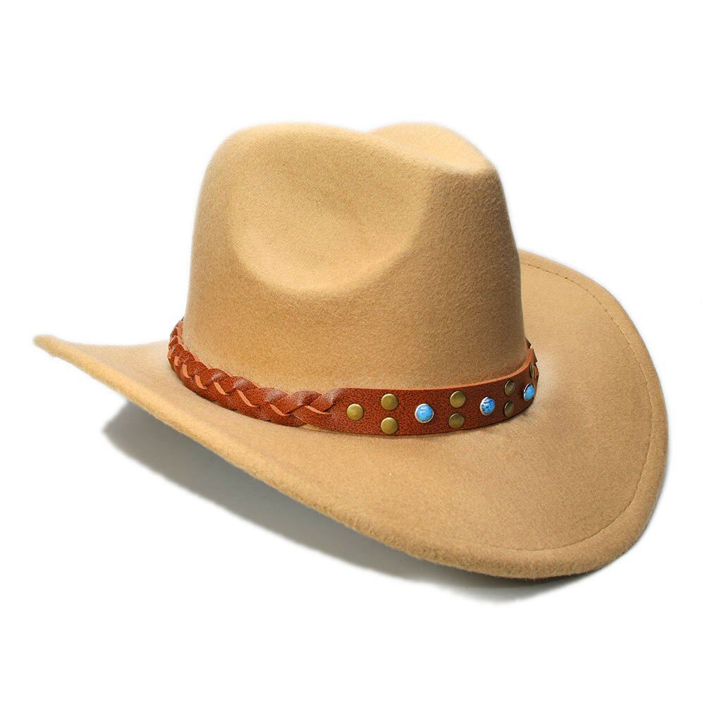 LUCKYLIANJI Womem Men Female Male's Wool Felt Western Cowboy Hat Wide Brim Cowgirl Braid Leather Band (One Size:57cm)