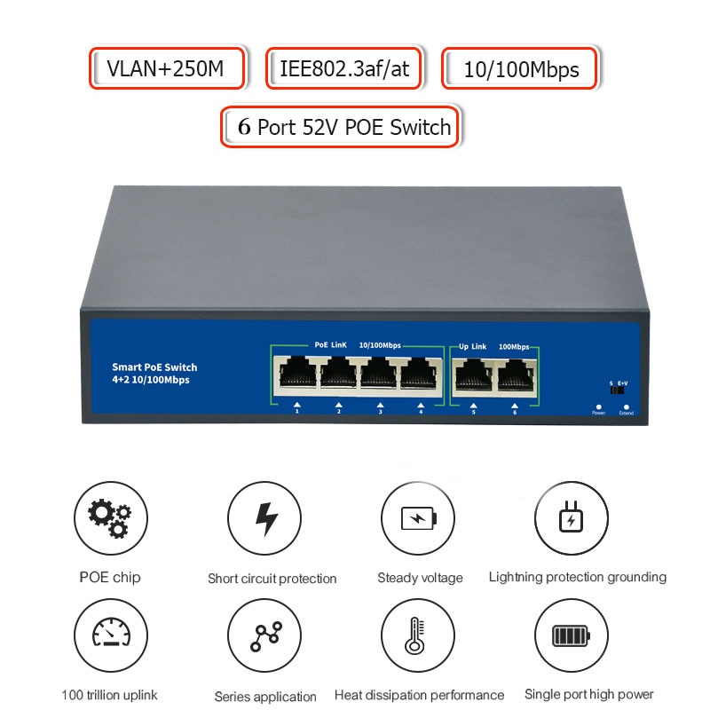 48V POE Switch 100Mbps Ethernet Network Switch 4 Ports PoE Switcher Standard RJ45 Injector for IP Camera/Wireless AP/CCTV