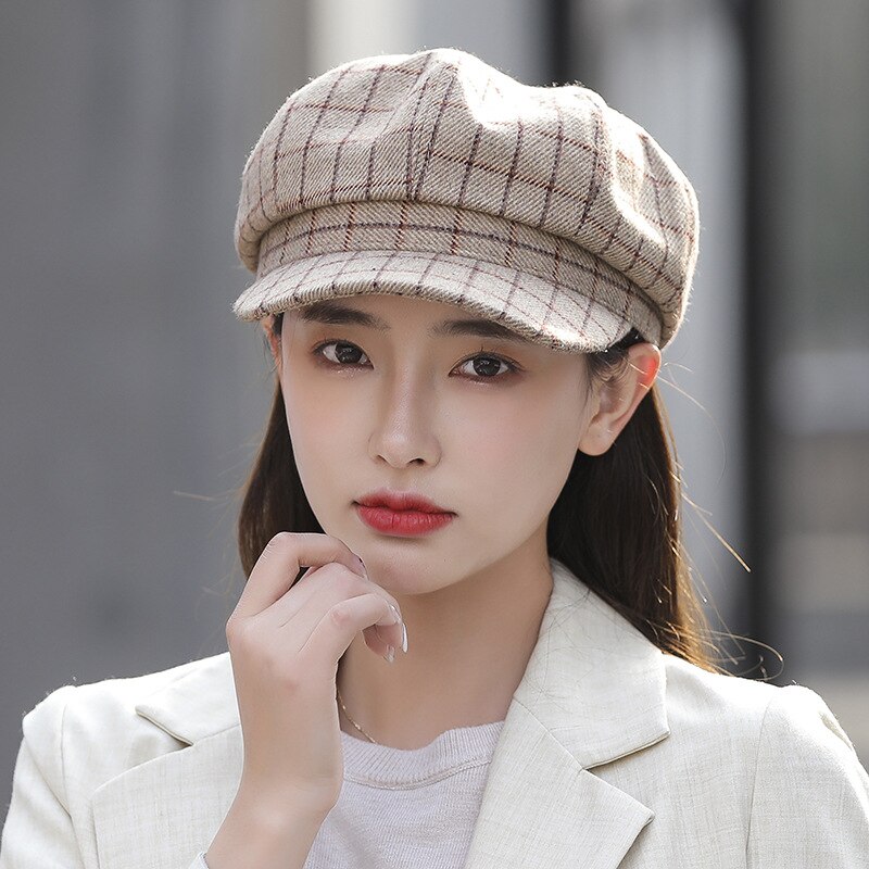 Women Wool Cotton Blend Berets Winter Autumn Octagonal Beret Caps Stylish Artist Painter Hats Classic Lattice Beret Hat