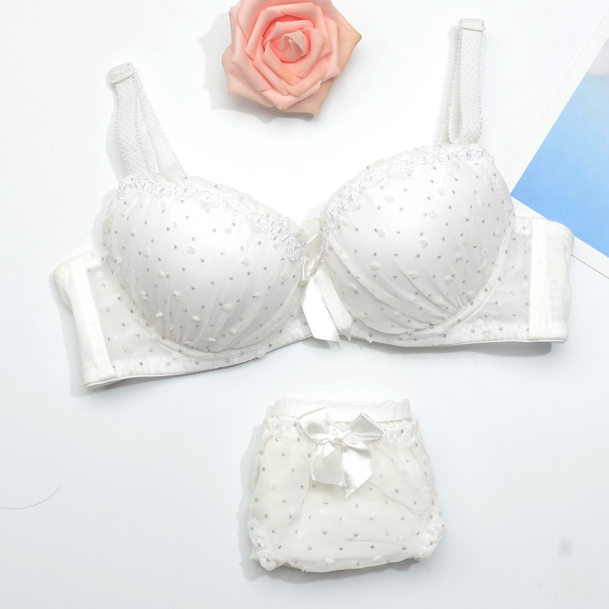 Crystal Women Ladies Lace Bra Sets Underwear Set Push Up A/B Bra and Panty Set: White / 34