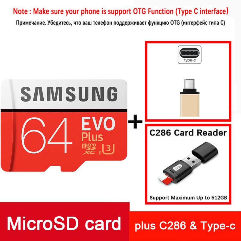 Original Samsung EVO Plus de tarjeta Micro SD 64gb al por mayor precio cartao de memoria TF tarjeta de memoria SDXC U3 tarjeta Flash de 64 GB: MC-64G-TypeC-C286