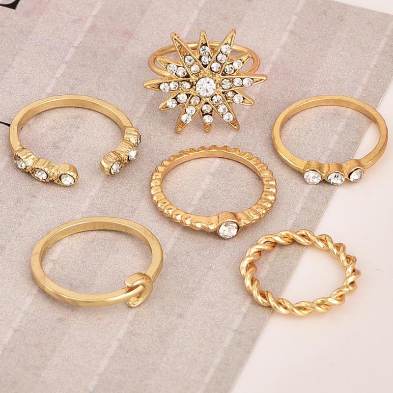 6 stk/set Charme Gouden Kleur Ringen Ster Maan Kristal Midi Vinger Ring Set Voor Vrouwen Knuckle Partij Ringen Punk Boho sieraden