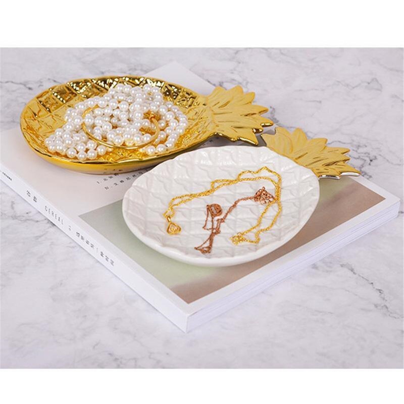 Placa de cerámica para Piña dorada Enipate, plato de joyería, plato de porcelana con hoja, almacenamiento de cosméticos, postres, aperitivo, plato, decoración del hogar